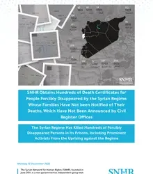 SNHR Obtains Hundreds of Death Certificates for People Forcibly Disappeared by the Syrian Regime, Whose Families Have Not been Notified of Their Deaths, Which Have Not Been Announced by Civil Register Offices